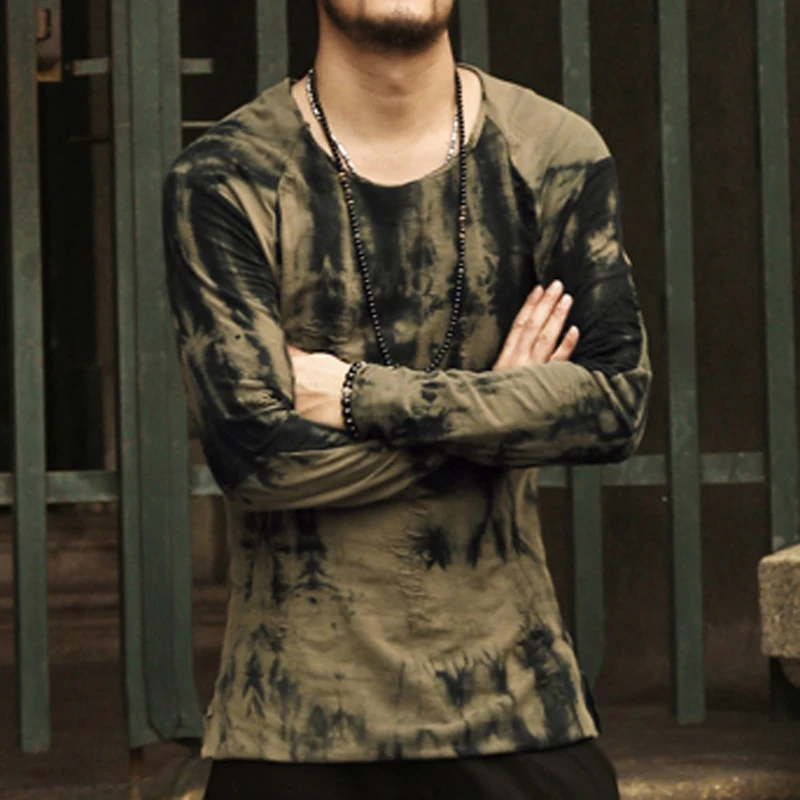 Хлопок Длинные рукава футболка мужская новинка 2016 темно-зеленый Tie-Dye стильный