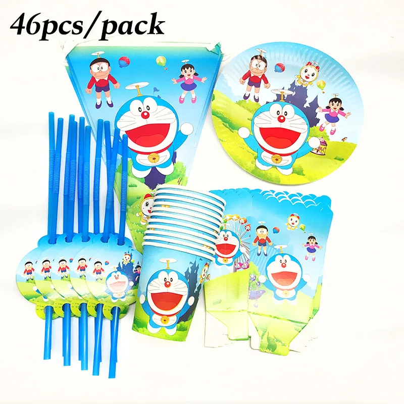 46pcs Doraemon disposable tableware sets theme plates cups banners straws popcorn boxes kids birthday party supplies | Дом и сад