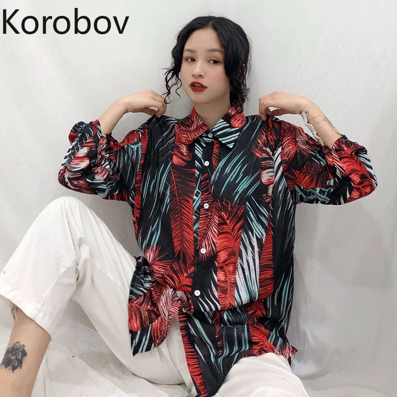 Korobov Новая мода харадзюку печать женская блузка с длинным рукавом нерегулярные