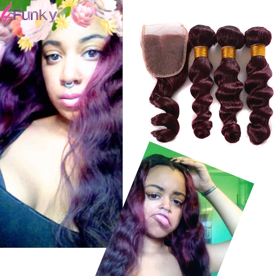 Красота Волос 99j Бразильские Волосы Свободная Волна Lace Closure With Цвет 4 шт. Связки