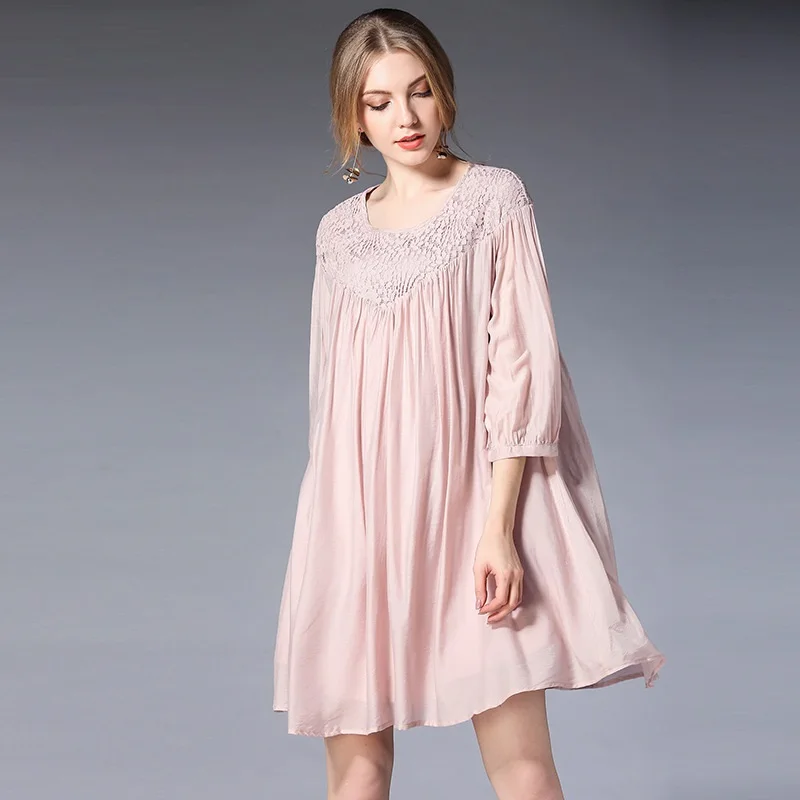 New2018Spring Женская свободная посадка милый расклешенное платье кружевной рукав до