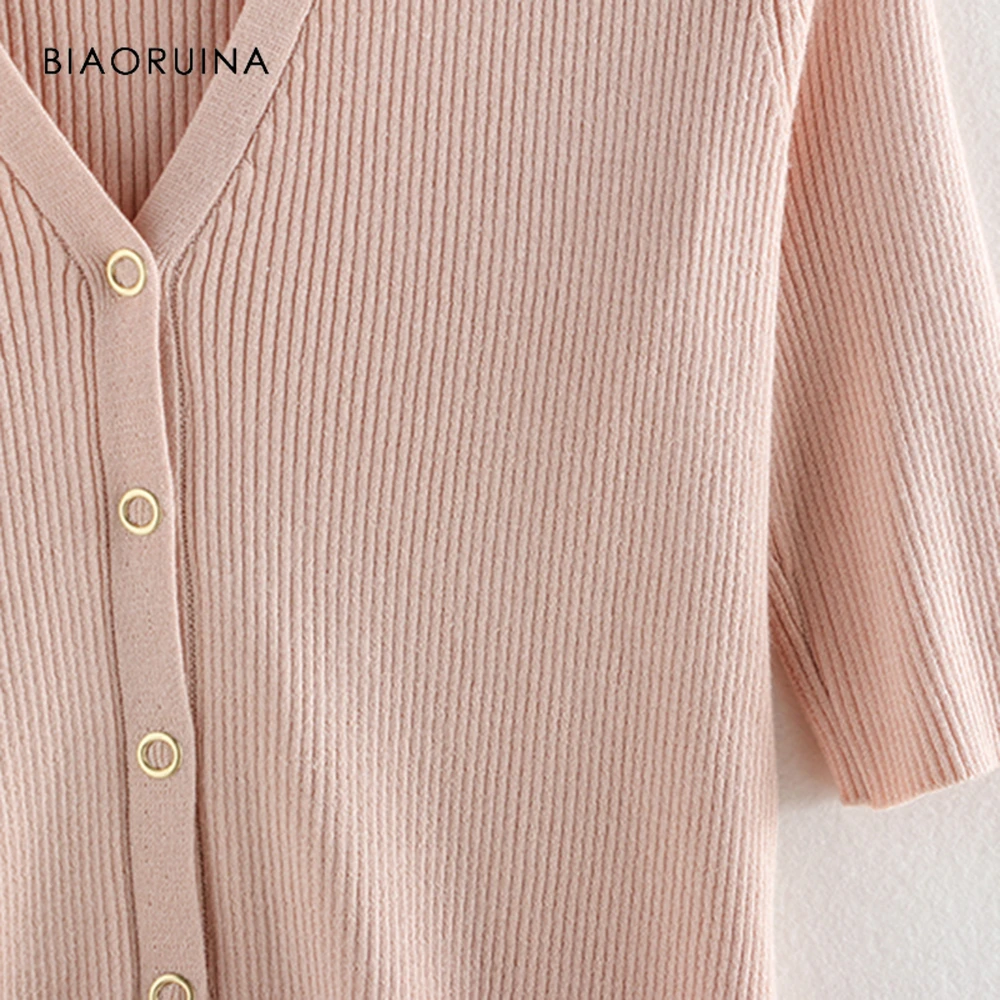 BIAORUINA Women American Style Vertical Solid Stripes Knitted Sweater Female Elegant V-neck Covered Button Casual Cardigans |