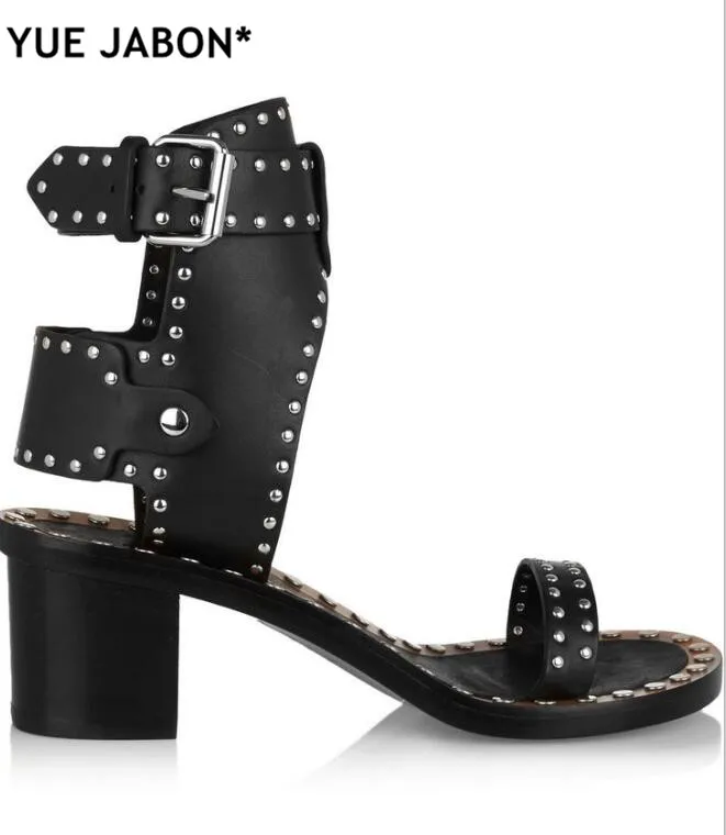 

YUE JABON Fashion Design Studded Leather Sandals Rivets Combat Ankle Booties High Thick Heel Shoe Sexy Ankle Wrap High Heels