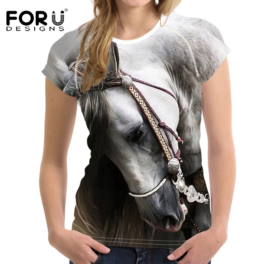 

FORUDESIGNS 3D Animal Crazy Horse Print Women T Shirts Novelty Short Sleeve Top Tee Clothes for Teen Girls Fit O Neck T-shirts