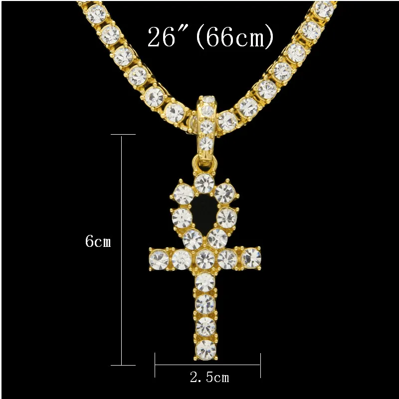 26inch chain gold UWIN ожерелье АНК Египетские украшения хип-хоп стиль Iced Out Bling Стразы ключ к жизни египетский крест кулон с теннисными цепями - Окраска металла: 26inch chain gold