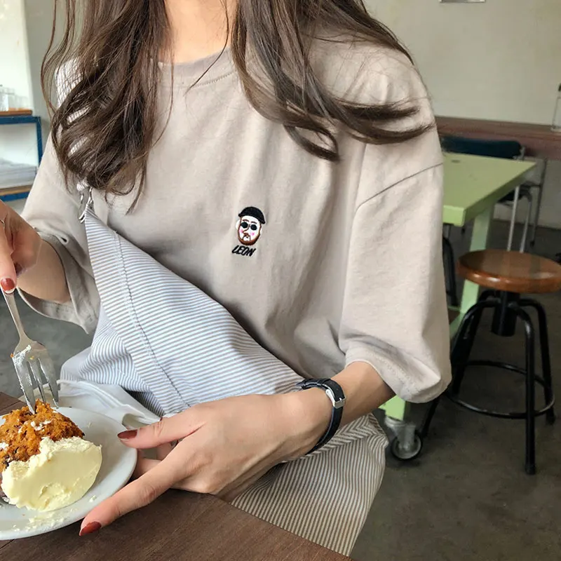 3 colors 2019 spring and summer basic loose cartoon letter embroidery o neck short sleeve t-shirts womens tee shirt femme (X217) | Женская