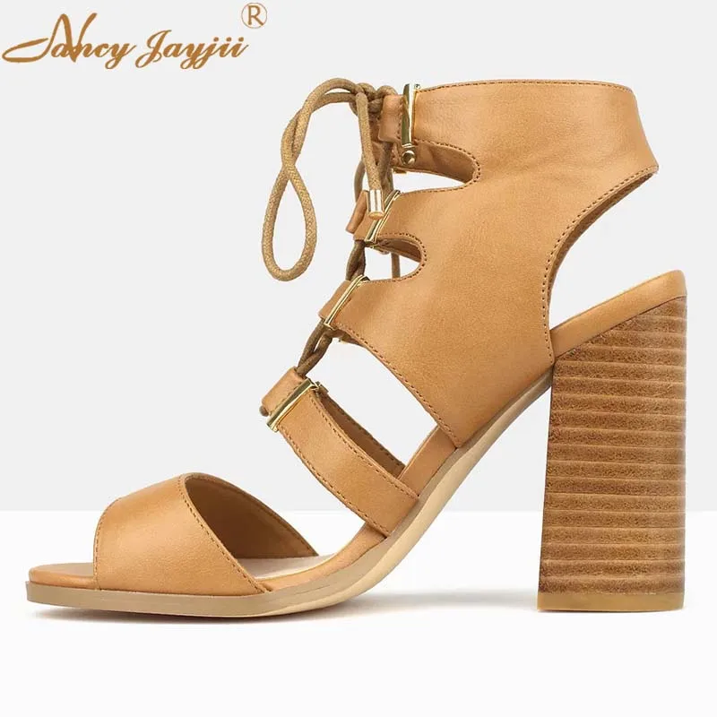 

Fashion Women Cross Tied Summer 2019 Lace Up Woman Tan Block High Square Heels Open Toe Sandals Lady Slingback Dress Shoes 4-16