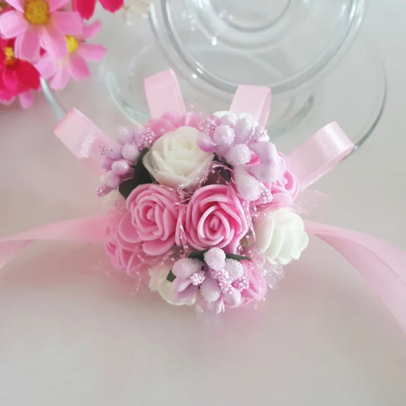 Pink White Ручной цветы Искусственные Свадебные цветы искусственный цветок на запястье для подружки невесты сестры свадебные декорации цветок - Цвет: Pink White