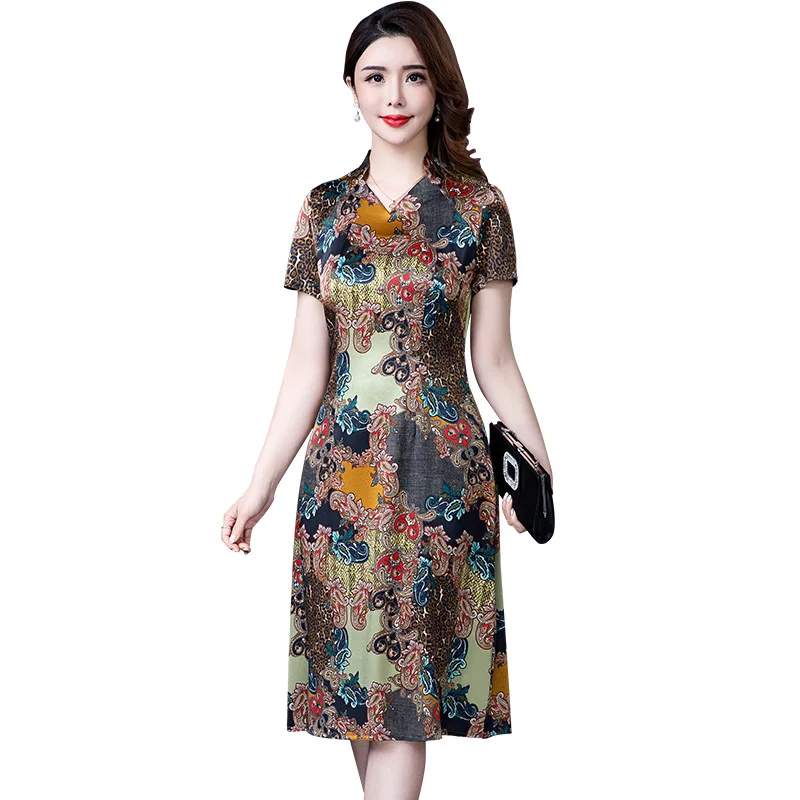 5XL Plus Size Dresses Women Imitate Real Silk Dress Fashion Mother Summer Print Party Vestidos Elegant High Quality W985 | Женская