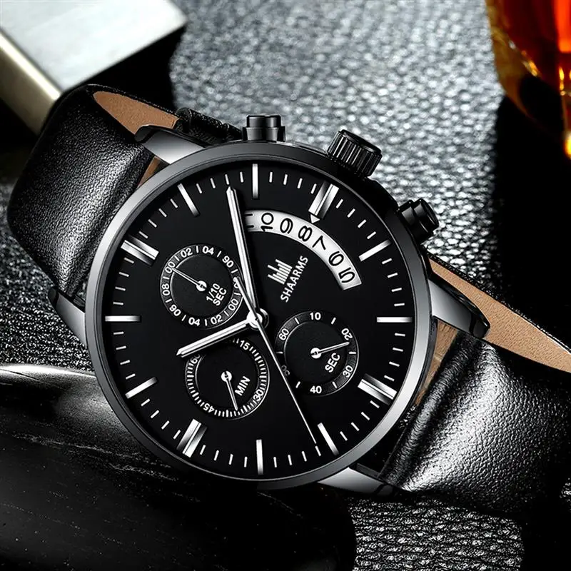 SHAARMS 2020 Military Sport Men Watch PU Leather Band Quartz Wristwatch Male Date Watches Black Clock Relogio Masculino | Наручные часы