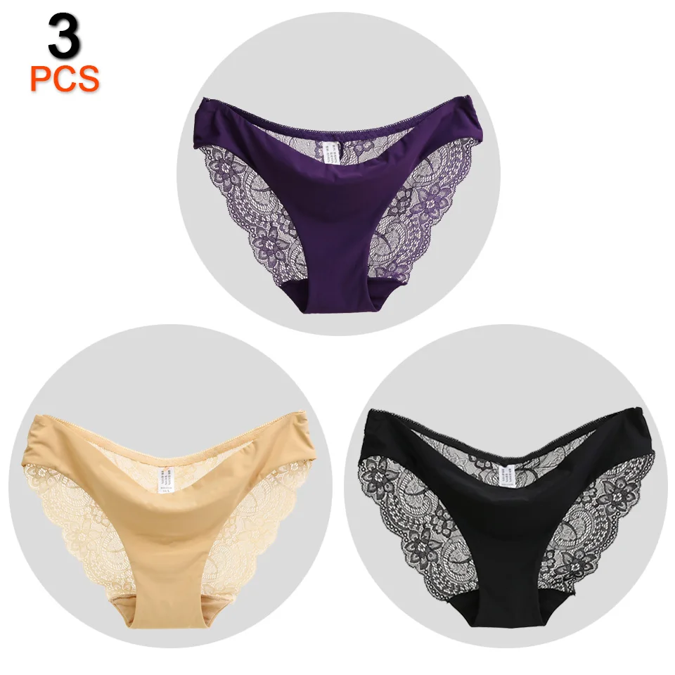 Khaki Purple Black 3 шт./лот, сексуальные кружевные трусики, женское нижнее белье, трусы, бесшовные трусики танспарента размера плюс, нижнее белье, низкая посадка, хлопковые трусы для женщин - Цвет: Khaki Purple Black