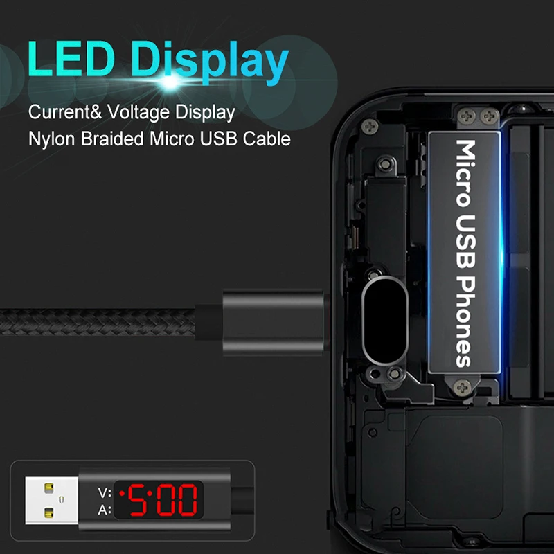 Overfly Быстрая Зарядка Micro usb type C кабель с светодиодный цифровым дисплеем USB Дата