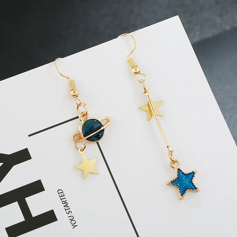 Корейские милые синие эмалевые висячие серьги асимметричные длинные для женщин