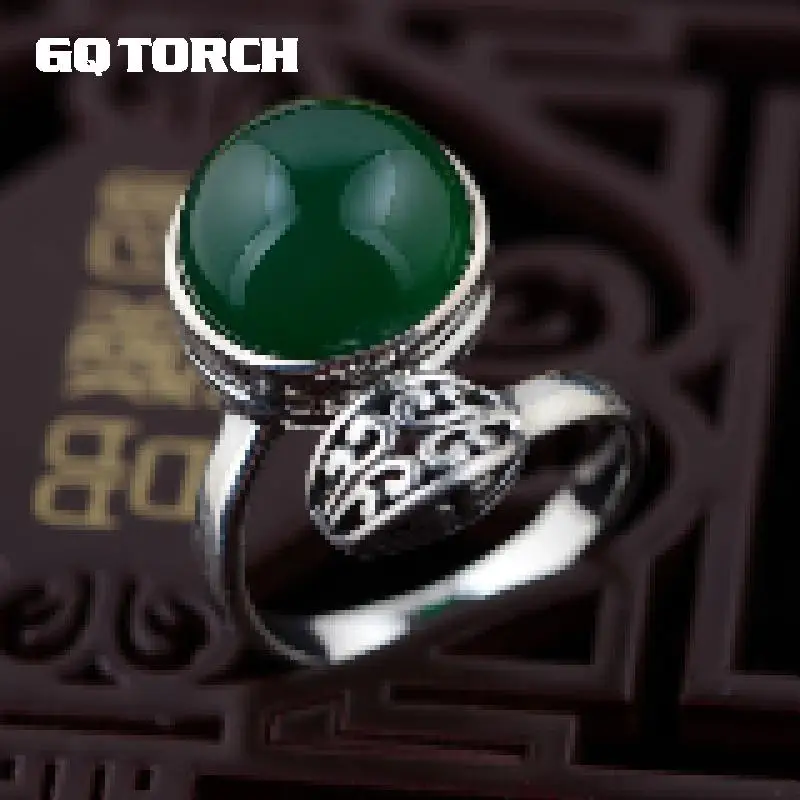 GQTORCH тайское серебро натуральный зеленый агат кольца регулируемые 925 пробы