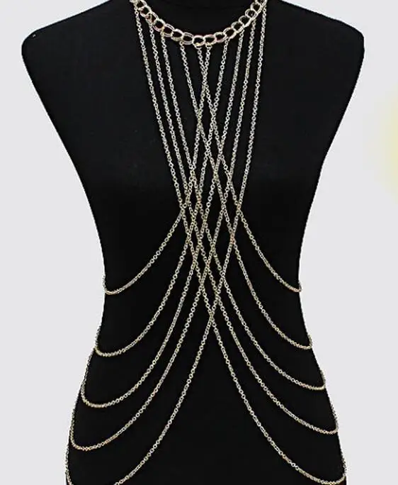 

Fashoin metal chains crossed women`s layered body chain jewelry