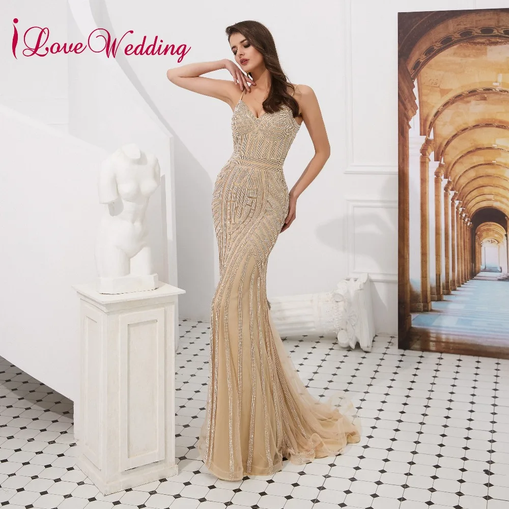 ILoveWedding Vestido de festa великолепные v-образный вырез на тонких бретелях серые расшитые блестками Длинные вечерние платья Русалка