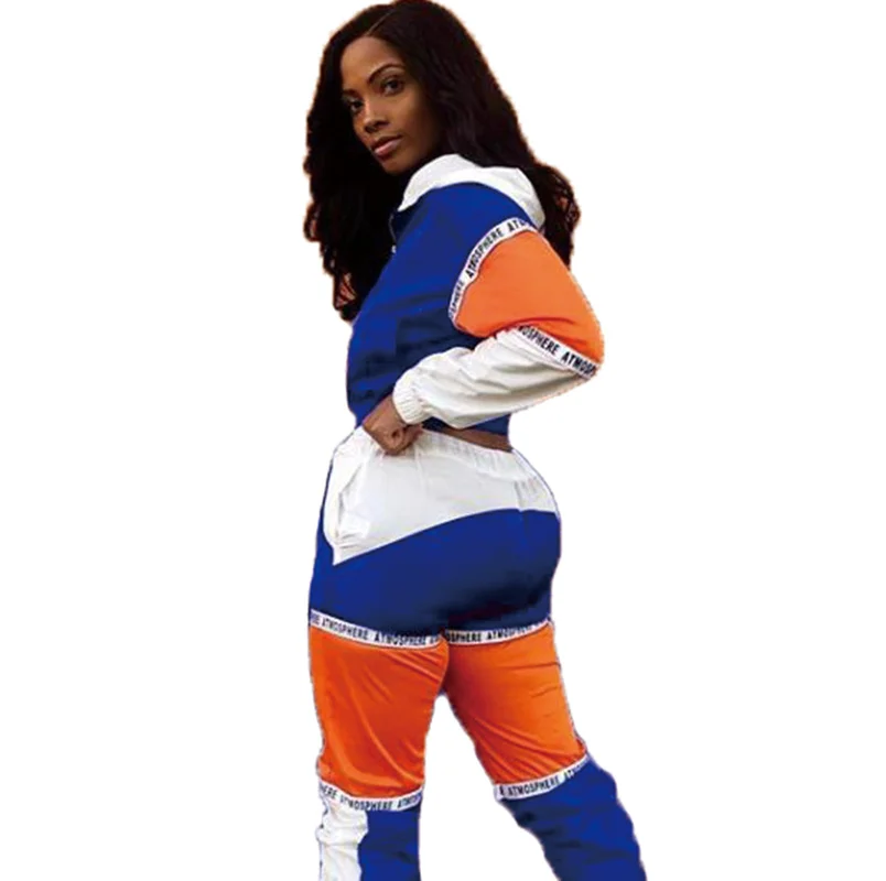 

Women Sexy Reflective Fluorescent Color Tracksuit Turtleneck Long Sleeve Hooded Crop Top + Casual Pants Patchwork Two Piece Set