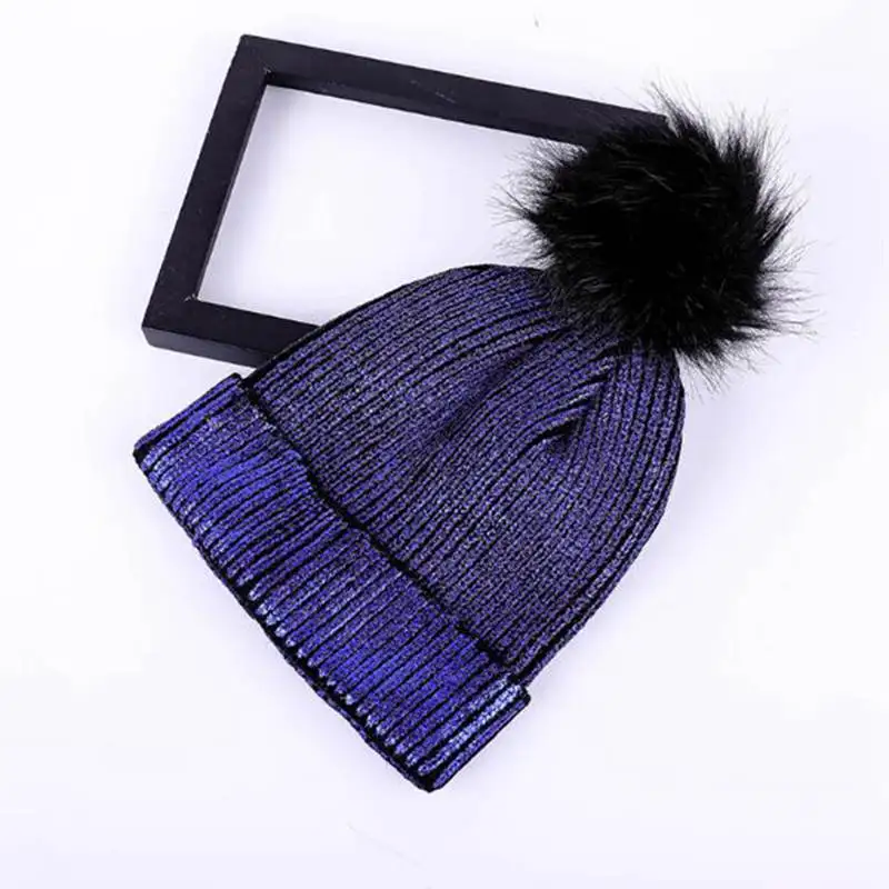 Knitted Bronzing Gold Silver Beanie Cap Pompom Winter Hats For Women Fur Pom Pom Ball Hat Ladies Girls Warm Skullies Beanies