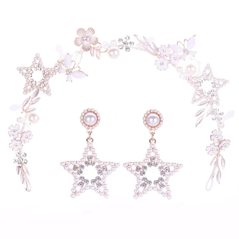Корейский жемчуг стразы Звезда Корона серьги цветочные бабочки невесты Тиара