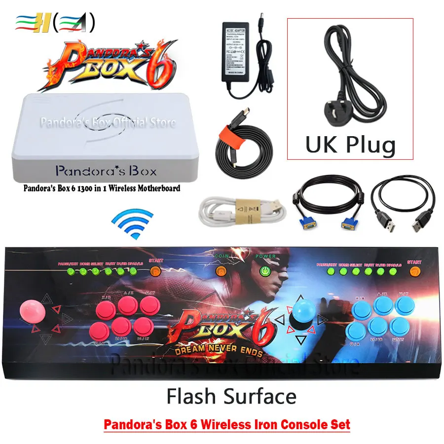 Flash UK plug 3а оригинальная игра Pandora's Box 6 1300 в 1 беспроводной аркадный джойстик 2 игрока железная консоль Комплект HDMI VGA usb для ПК ТВ ps3 Tekken - Цвет: Flash UK plug