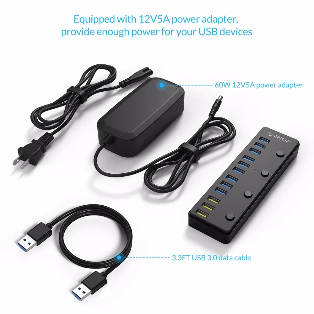 USB 3 0 концентратор ORICO с адаптером питания 12 В 5 А 60 Вт портов s портами BC1.2 зарядный