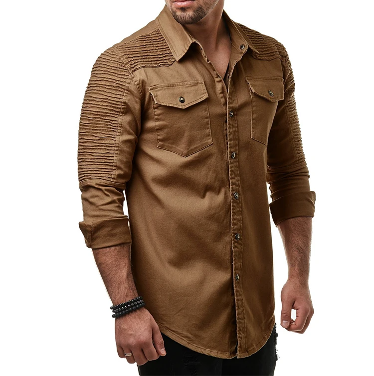Spring autumn New Men Shirt Long Sleeve Male Shirt Cotton Solid color Fold Mens Shirts Casual Slim Fit Men coat black 3XL