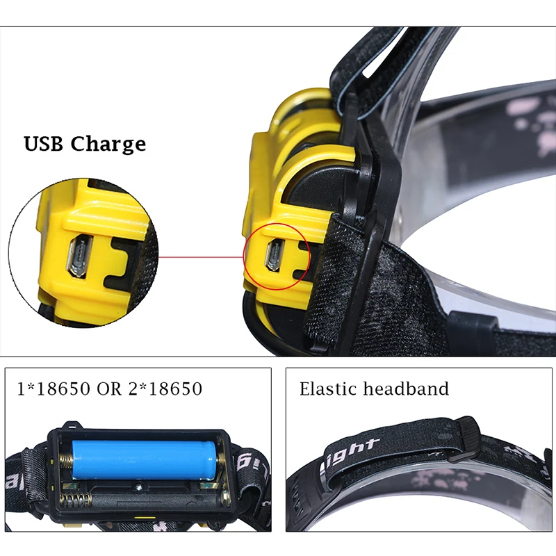 Белый/синий/желтый свет винтовой фокус USB Головной фонарь светодиодный