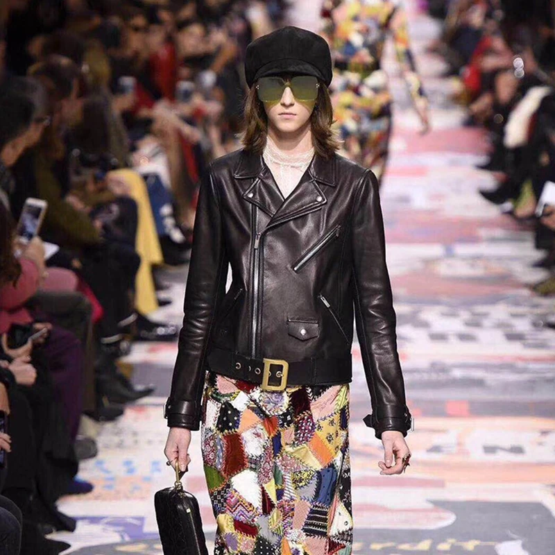 

YUKOU Woman Coats Fashion Sheepskin Leather Female Jackets Motorcycle Leather Clothing Real Sheepskin Leather Sashes Decorate