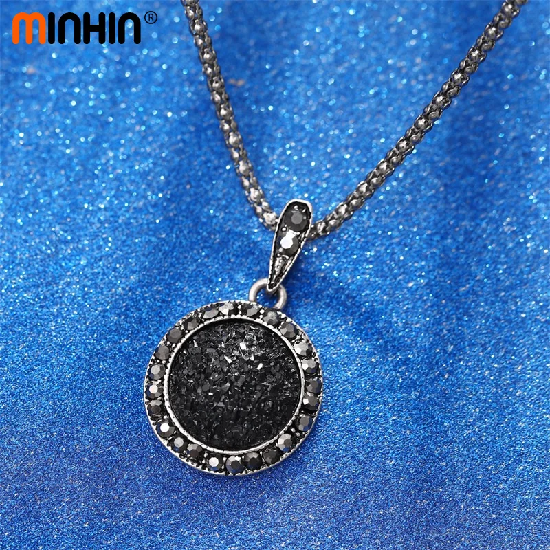 MINHIN 3 шт винтажные черные стразы комплекты украшений для женщин античный круглый посеребренный каменный Шарм Подвеска ожерелье наборы подарок