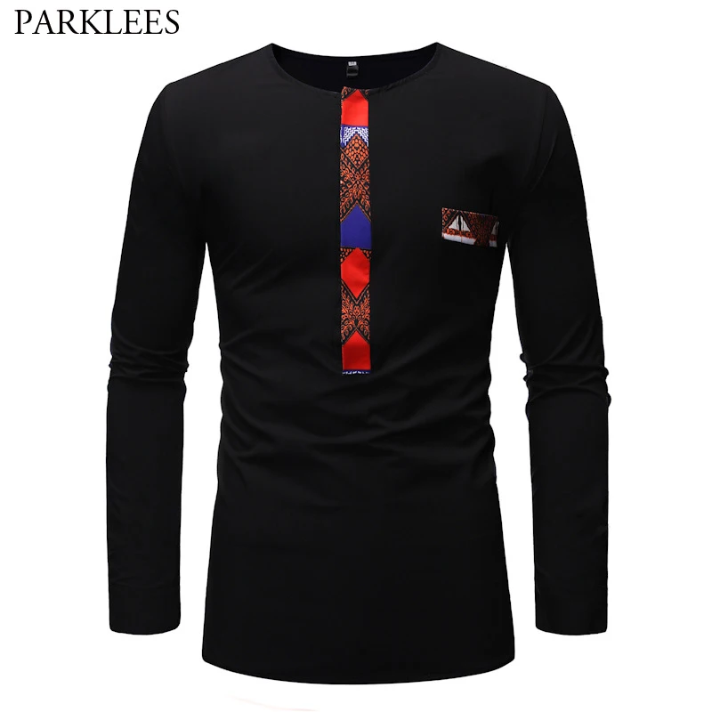

Dashiki Patchwork Black T Shirt Men 2019 Brand New Slim Fit Long Sleeve T-shirt Male Hip Hop Hipster Casual Tops Tees Camisetas