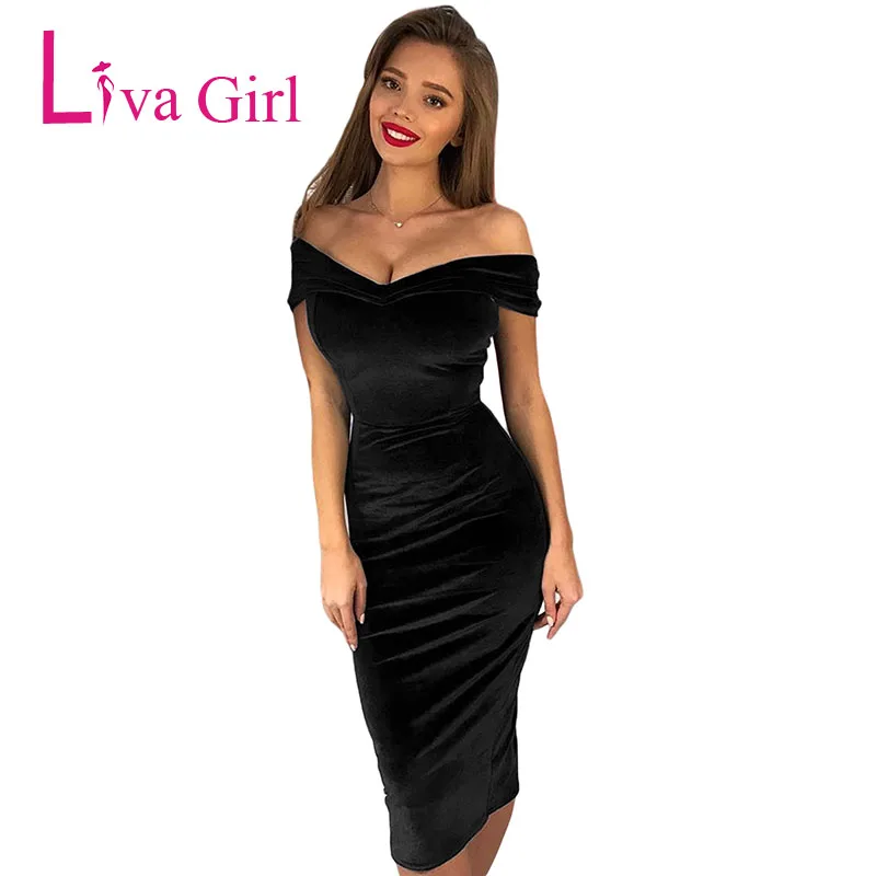 LIVA GIRL шикарное бархатное сексуальное облегающее платье миди для женщин с открытыми плечами элегантное вечернее платье с рюшами Клубное черное синее Vestido Mujer
