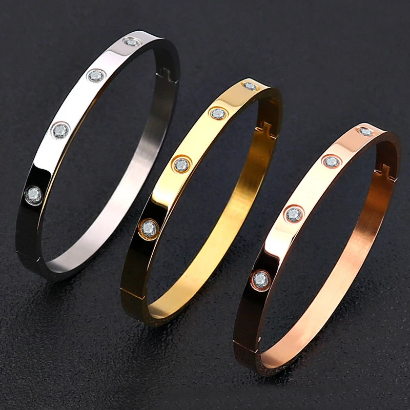 

Fashion Love Jewelry Crystal Cuff Bracelet for Women/Men 4MM/6MM Gold Color Stainless Steel Bracelets & Bangles Bijoux bileklik