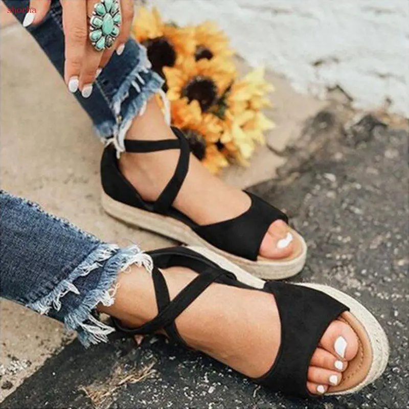 

Summer black Woman Sandals Flat Flock Gladiator Sandals Women Peep Toe Platform Roman Platform Shoes For Women Sandals