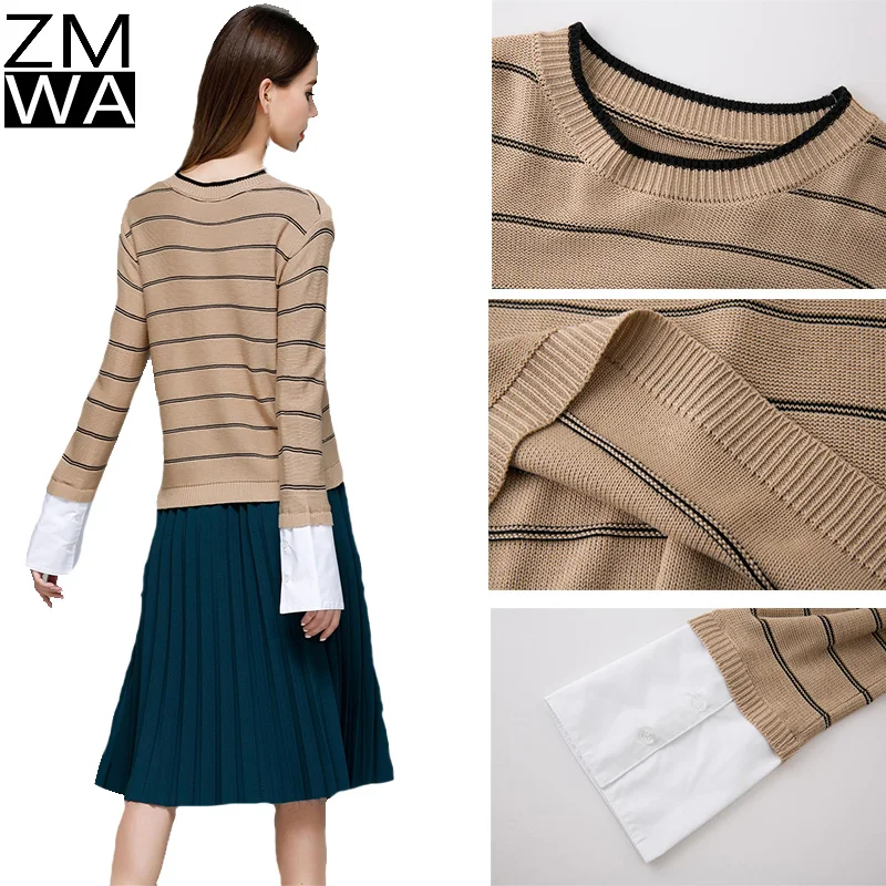 Classic College style design striped black and white sweater loose casual chic long sleeve shirt cuff knit | Женская одежда