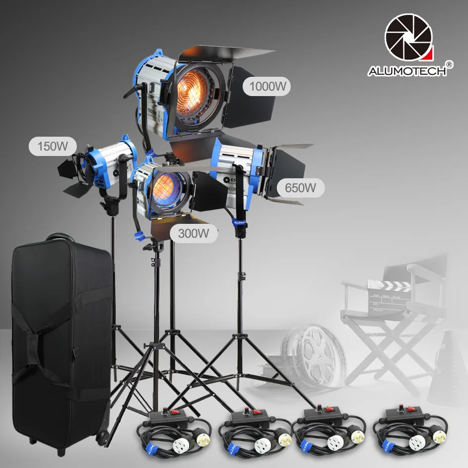 ALUMOTECH как ARRI 150 Вт+ 300 Вт+ 650 Вт+ 1000 Вт вольфрамовый Точечный светильник+ стандарт x4+ DimmerX4+ чехол, набор ламп для студийной видеосъемки