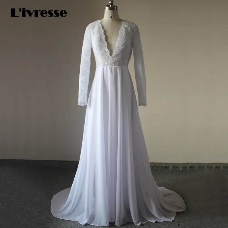 V-образным вырезом спинки шифон с длинным рукавом Кружева торжественные платья