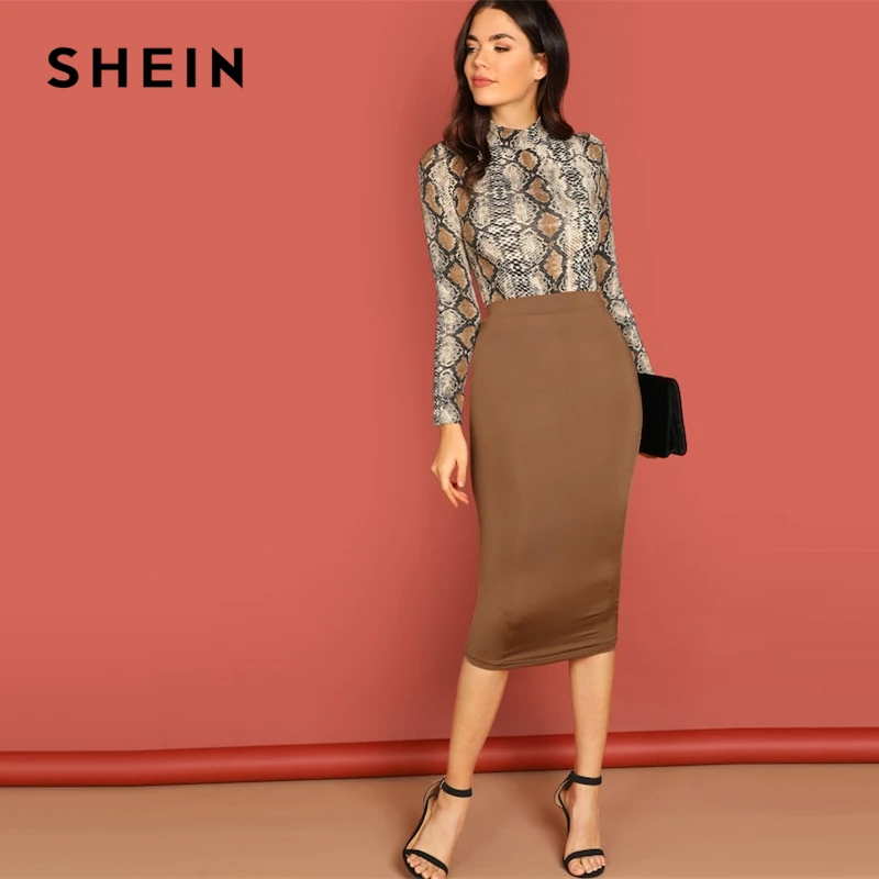 SHEIN Одноцветная Облегающая Юбка Женская Коричневая Весенняя Элегантная Юбка-Карандаш