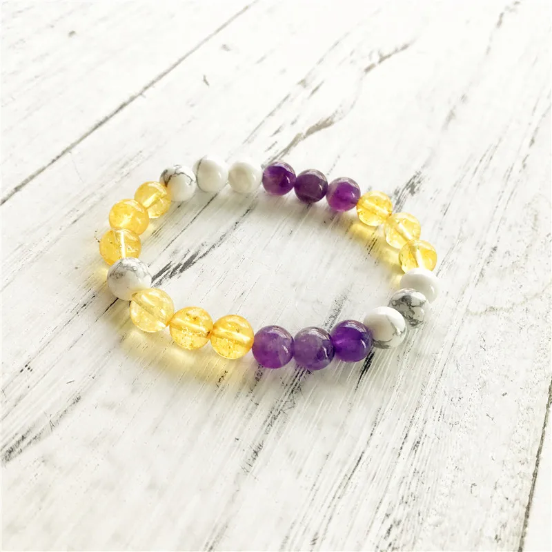 Дизайнерский браслет из 3 бусин желтый кварц и фиолетовый Howlite круглые бусины