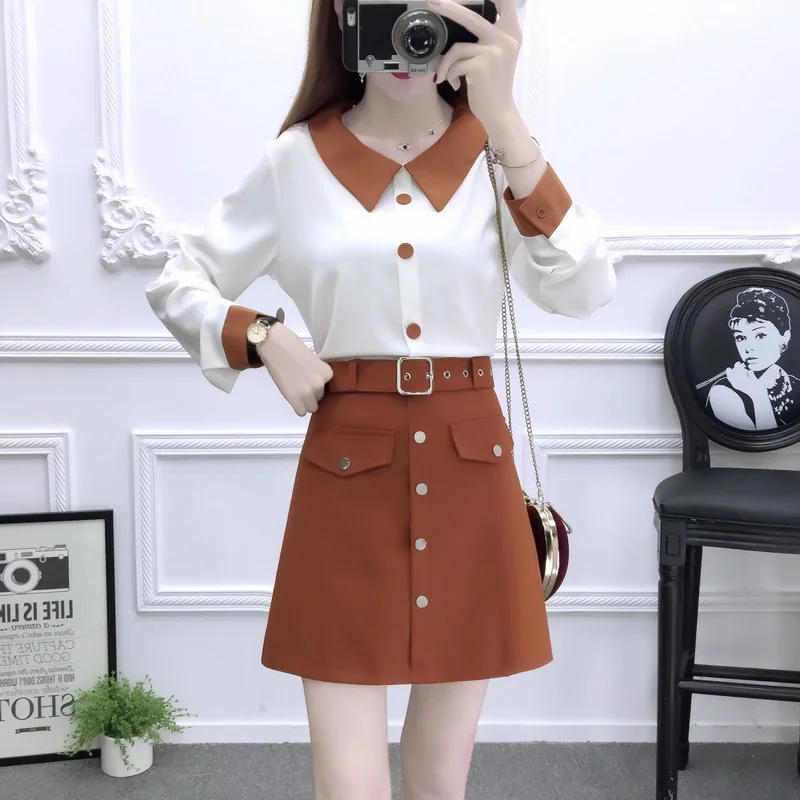 Женская одежда, корейская мода, vestido, шифоновая рубашка и юбка с высокой талией, с поясом, комплект одежды из двух предметов, женская элегантная одежда