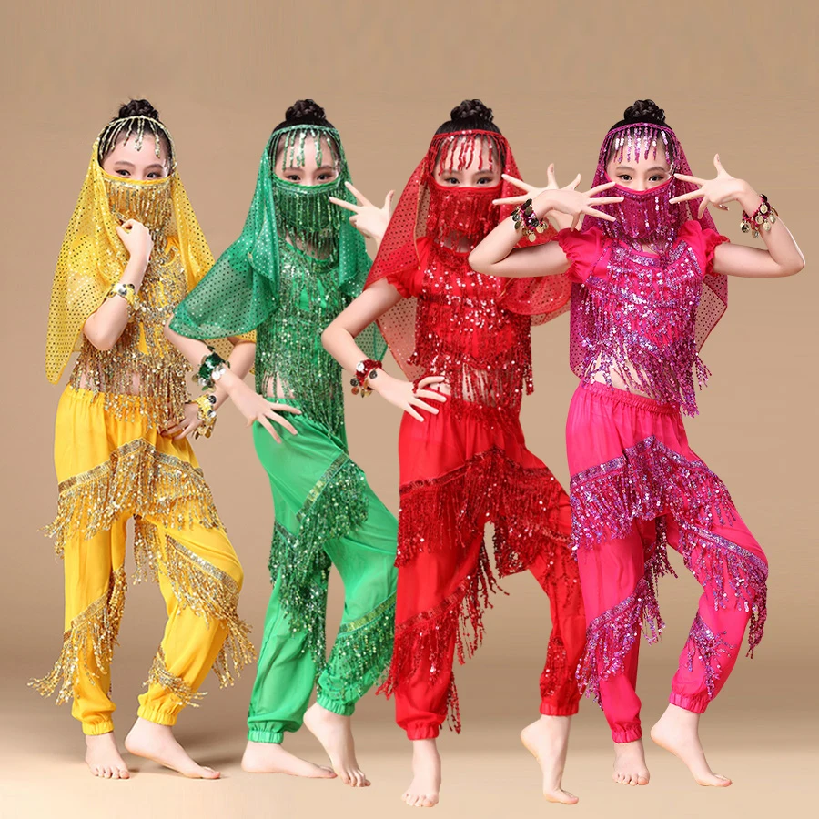 

Детский костюм индийского танца из 6 предметов (Топ, штаны, головной убор, Фата для лица, браслеты), Новое поступление, танцевальные костюмы для девочек в Стиле Болливуда