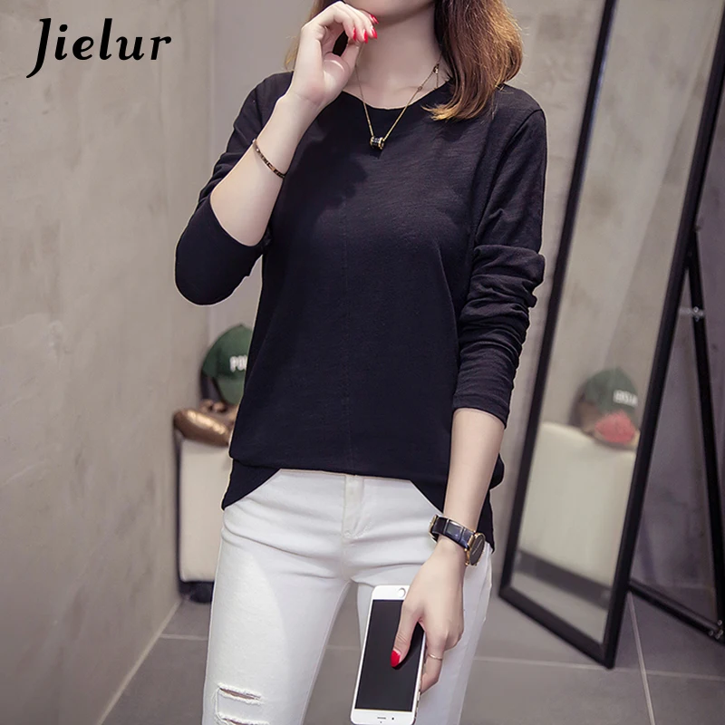 Jielur 2019 новые осенние корейские женские одноцветные футболки тонкие с длинными
