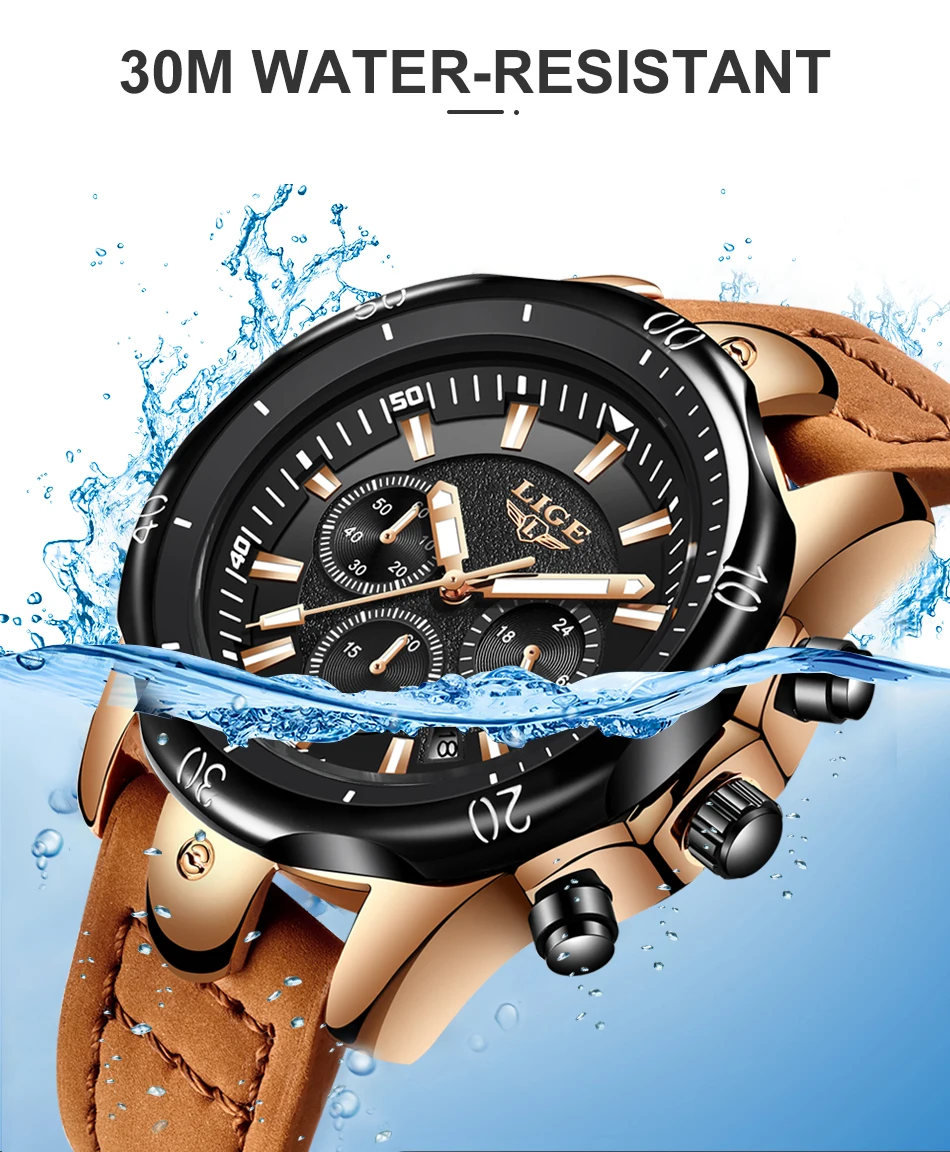 Relojes Hombre новые LIGE кварцевые наручные мужские часы с большим циферблатом золотые черные мужские часы с кожаным ремешком дикие спортивные водонепроницаемые хронограф