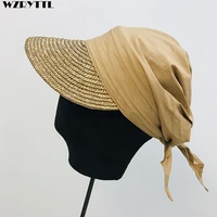 new women sun cap woven straw hat visor patchwork breathable cotton turban hat baseball style summer cap casual street beach cap