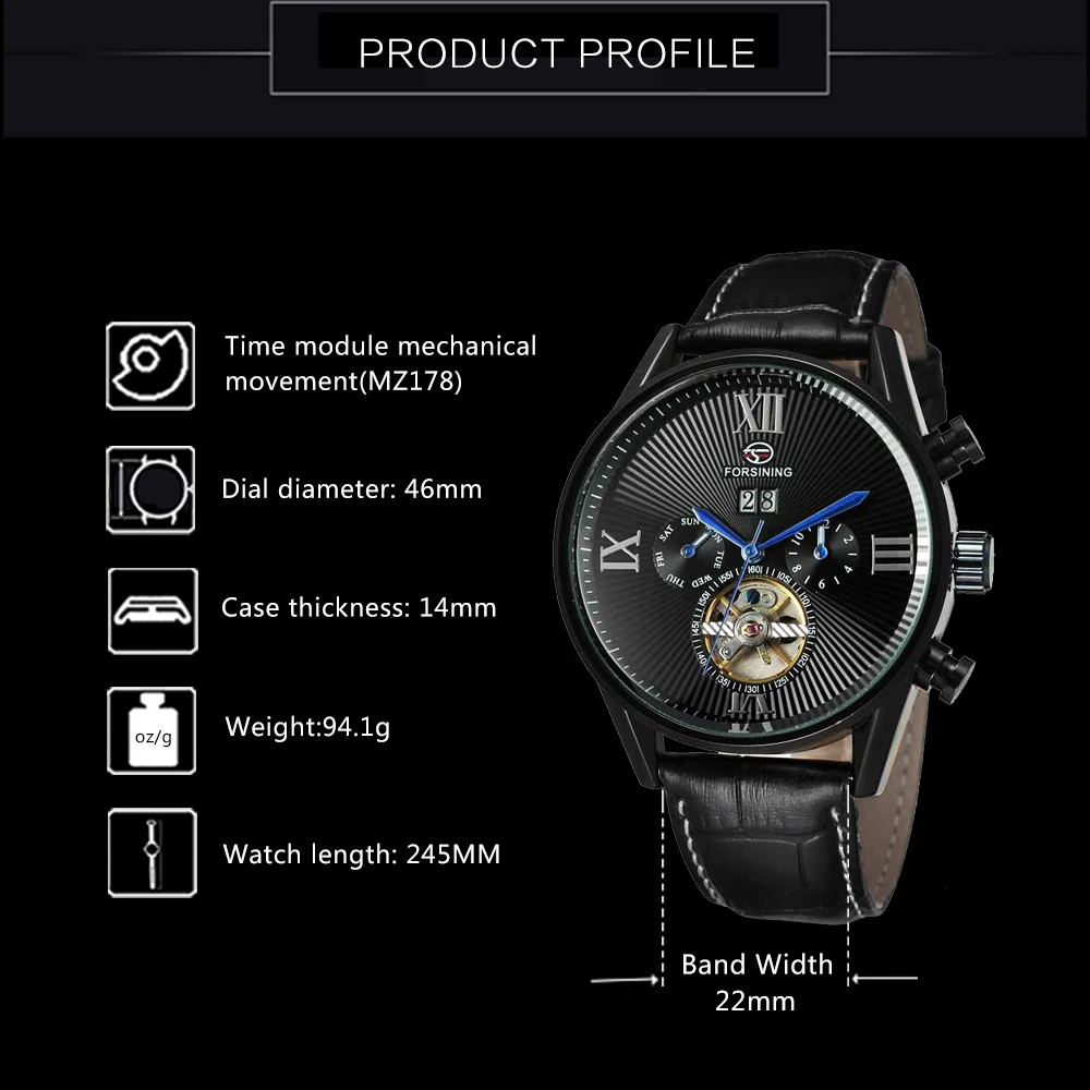 FORSINING Fashion Vintage Tourbillon Auto Mechanical Watch Men Top Brand Luxury Black Leather Strap Date Display Wristwatches | Наручные