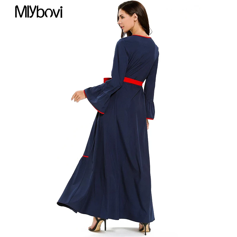 Женское платье макси с вышивкой темно синее Abaya из Дубая мусульманское кафтан