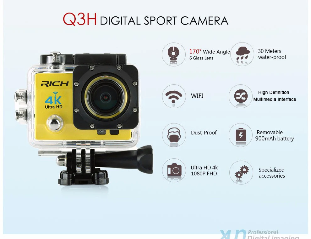 Богатый Горячая со сверхвысоким разрешением Ultra HD, 4 K, 1080 p/60 fps Wi-Fi Экшн-камера-Регистратор в спортивном угол 170 градусов 2 дюйма ЖК-дисплей, выдерживающие погружение до 30 метров водонепроницаемые Q3H1