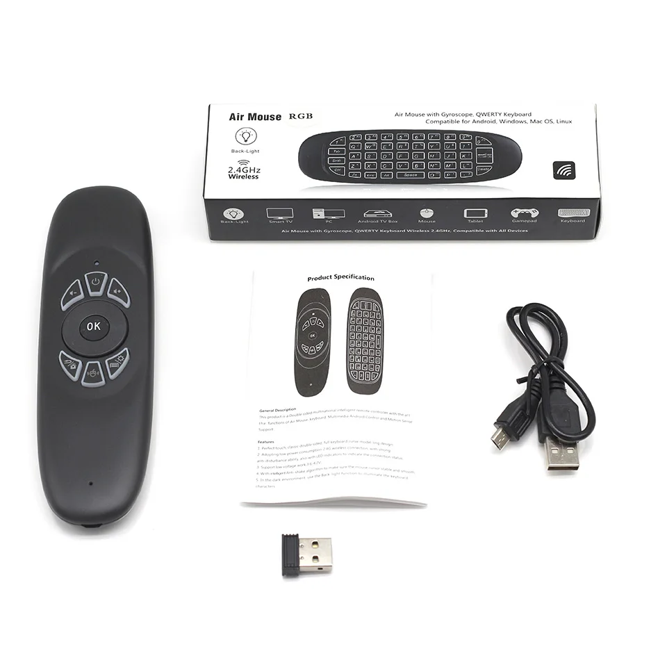 [100pcs/lot] C120 RGB Backlit 2.4G Mini Wireless Keyboard Gyroscope Air Mouse for Android TV Box PC / Projectors Laptops | Компьютеры и