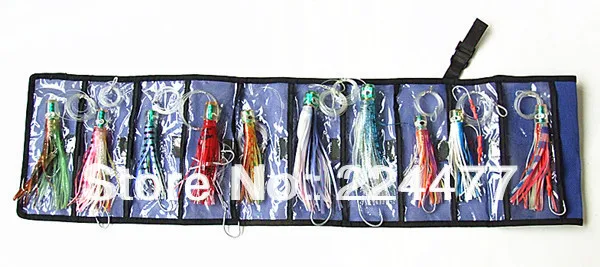 

Free Shipping-10 pcs Mixed Suit with Bag Soft Double Octopus Skirt Baits Sea Trolling Fishing Lures Resin Head