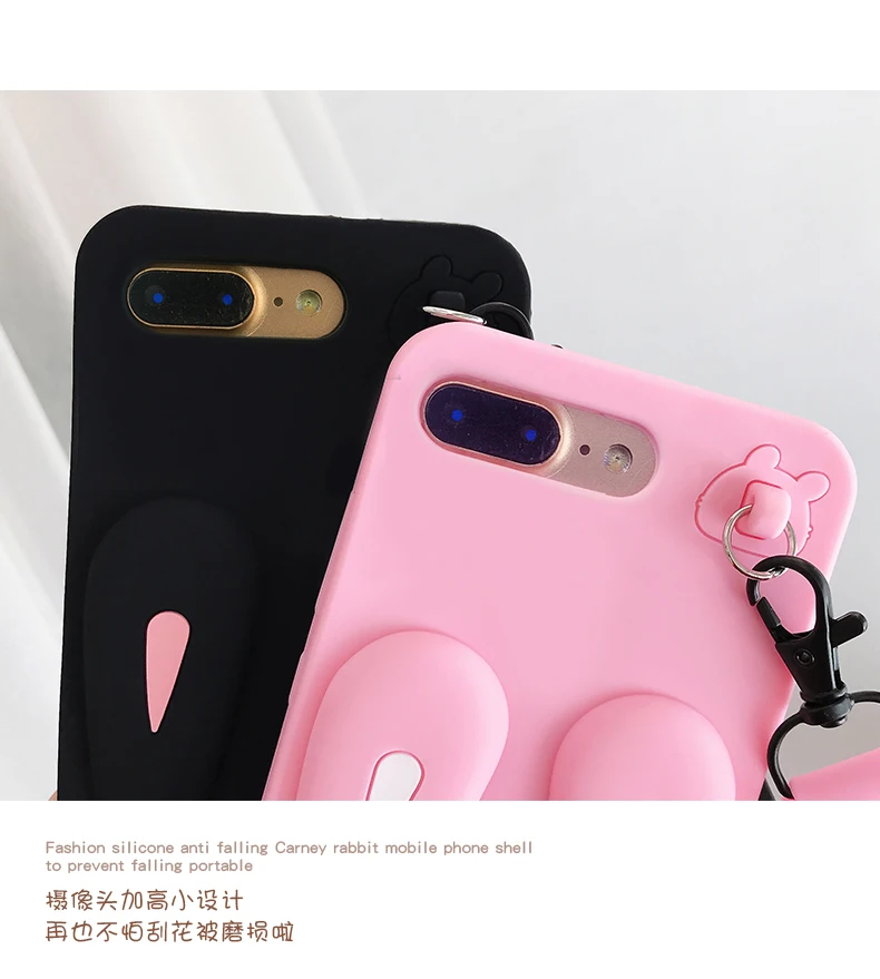 Модный очаровательный чехол для iPhone XS XR XS Max X I8 I8 Plus i6 i6S безопасный силиконовый чехол-кролик с милым коротким+ длинным шнурком