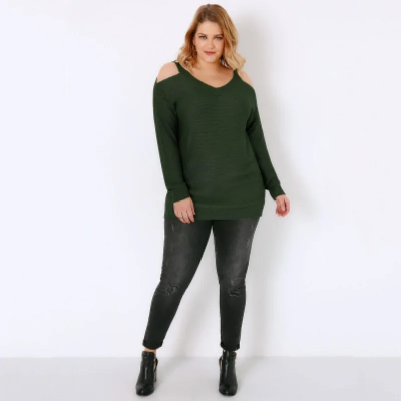 Женский свитер с открытыми плечами большие размеры XXXL 4XL 5XL 6XL 2017 осень зеленый